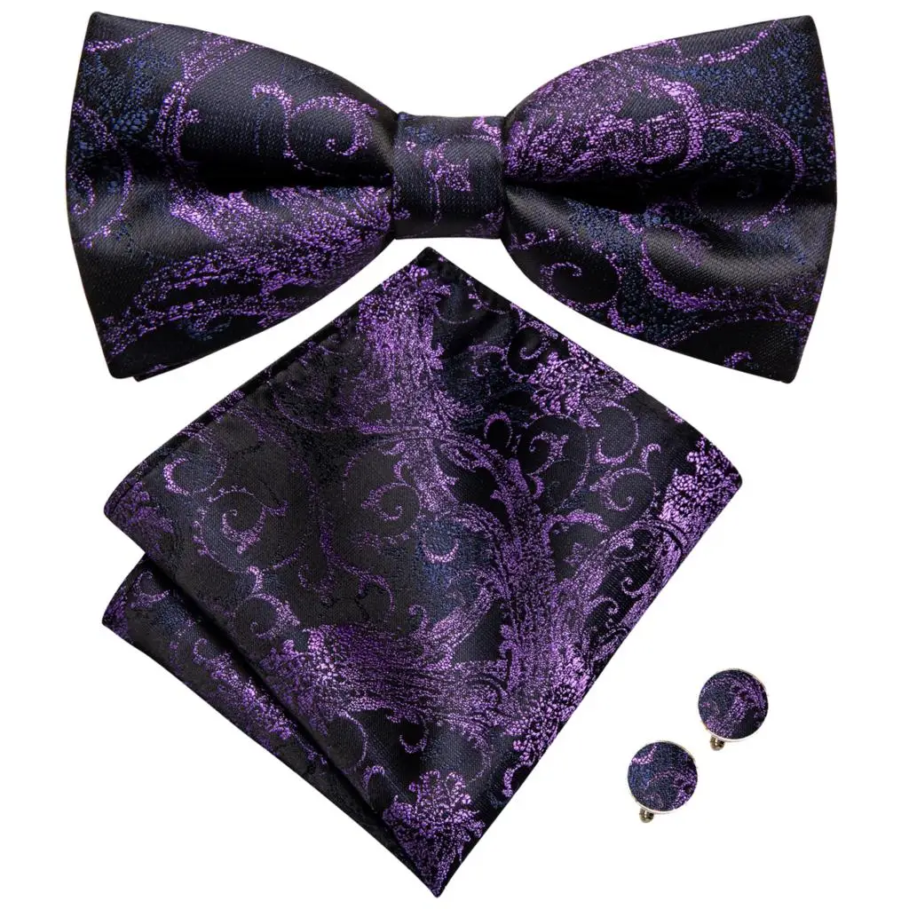 Hi-Tie Brand Silk Mens Bowtie Hanky Cufflinks Set Black Red Blue Gold Green White Pre-tied Butterfly Knot Bow Tie Wedding Work