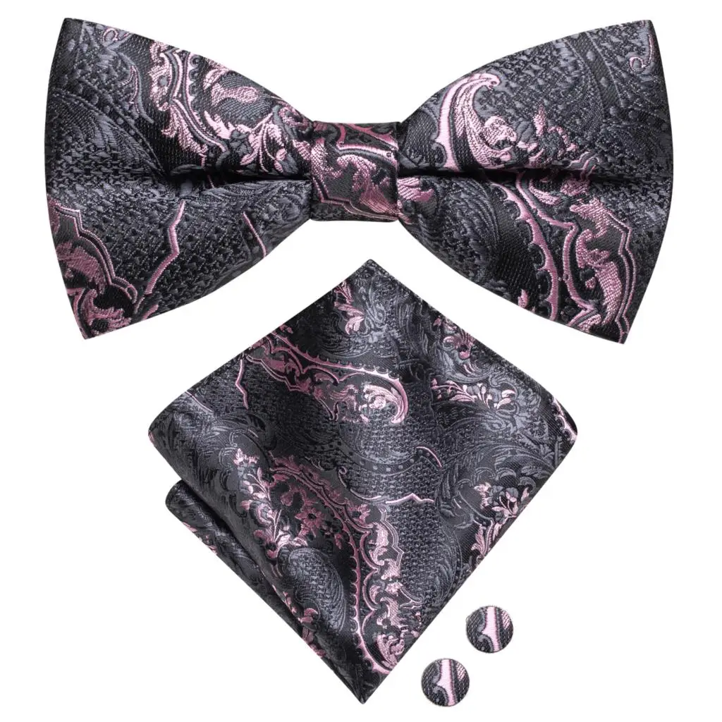Hi-Tie Brand Silk Mens Bowtie Hanky Cufflinks Set Black Red Blue Gold Green White Pre-tied Butterfly Knot Bow Tie Wedding Work