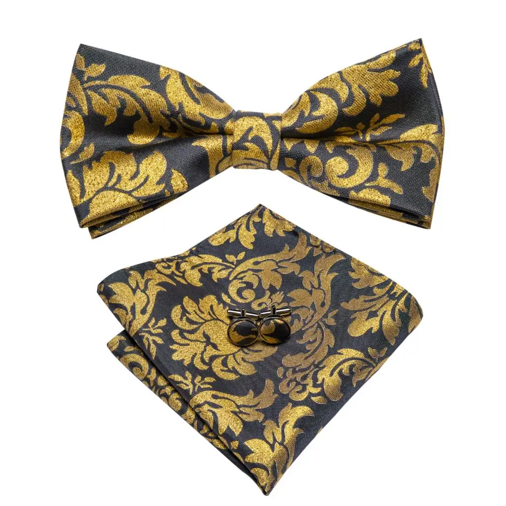 Hi-Tie Brand Silk Mens Bowtie Hanky Cufflinks Set Black Red Blue Gold Green White Pre-tied Butterfly Knot Bow Tie Wedding Work