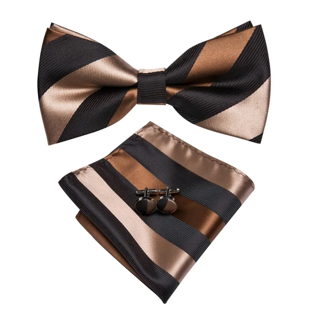 Hi-Tie Brand Silk Mens Bowtie Hanky Cufflinks Set Black Red Blue Gold Green White Pre-tied Butterfly Knot Bow Tie Wedding Work