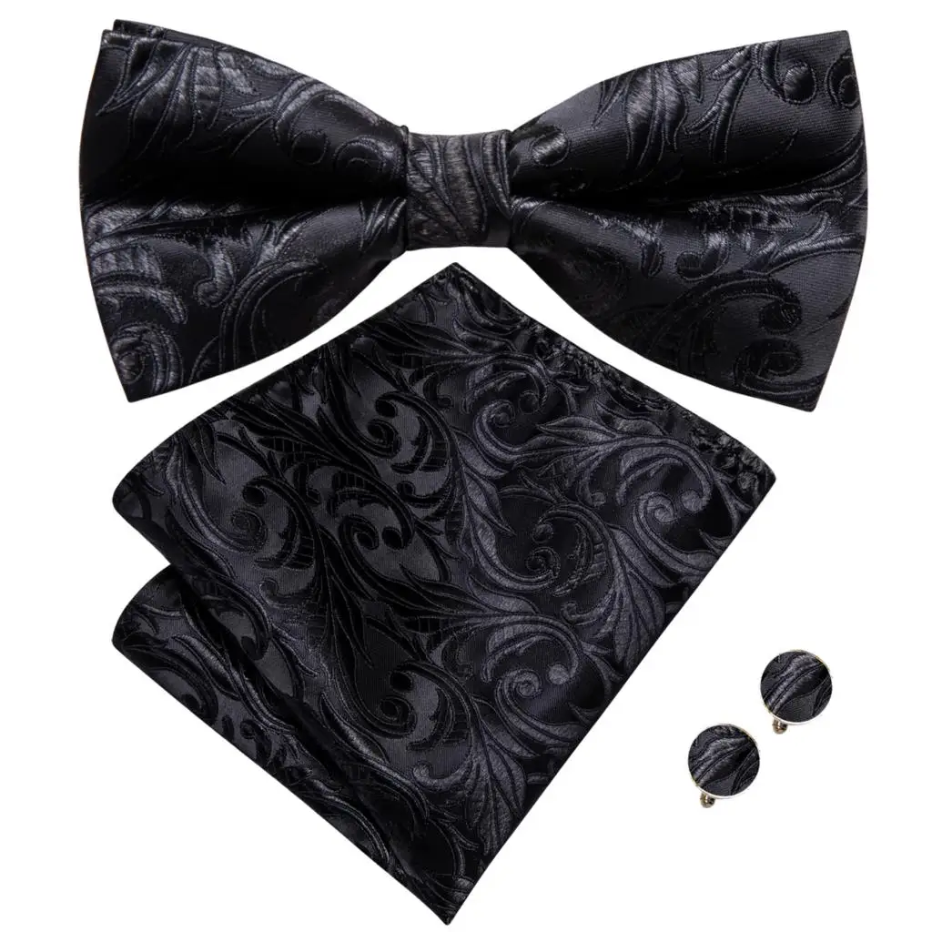 Hi-Tie Brand Silk Mens Bowtie Hanky Cufflinks Set Black Red Blue Gold Green White Pre-tied Butterfly Knot Bow Tie Wedding Work