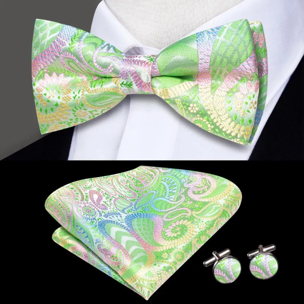 Hi-Tie Brand Silk Mens Bowtie Hanky Cufflinks Set Black Red Blue Gold Green White Pre-tied Butterfly Knot Bow Tie Wedding Work