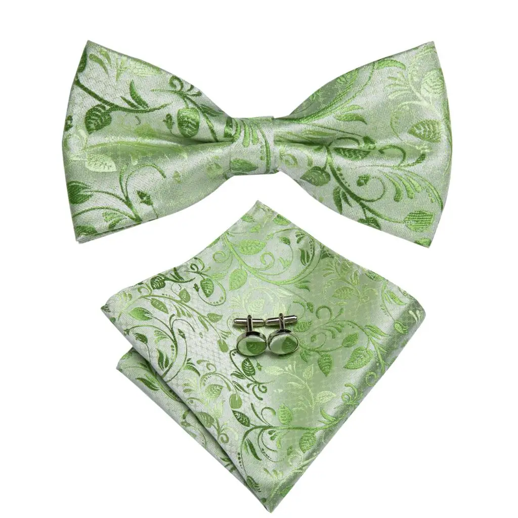 Hi-Tie Brand Silk Mens Bowtie Hanky Cufflinks Set Black Red Blue Gold Green White Pre-tied Butterfly Knot Bow Tie Wedding Work
