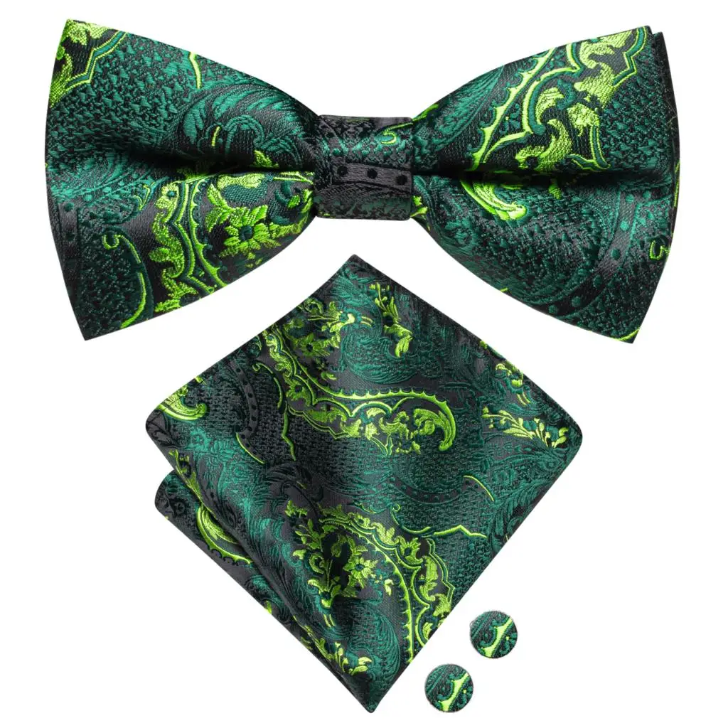 Hi-Tie Brand Silk Mens Bowtie Hanky Cufflinks Set Black Red Blue Gold Green White Pre-tied Butterfly Knot Bow Tie Wedding Work