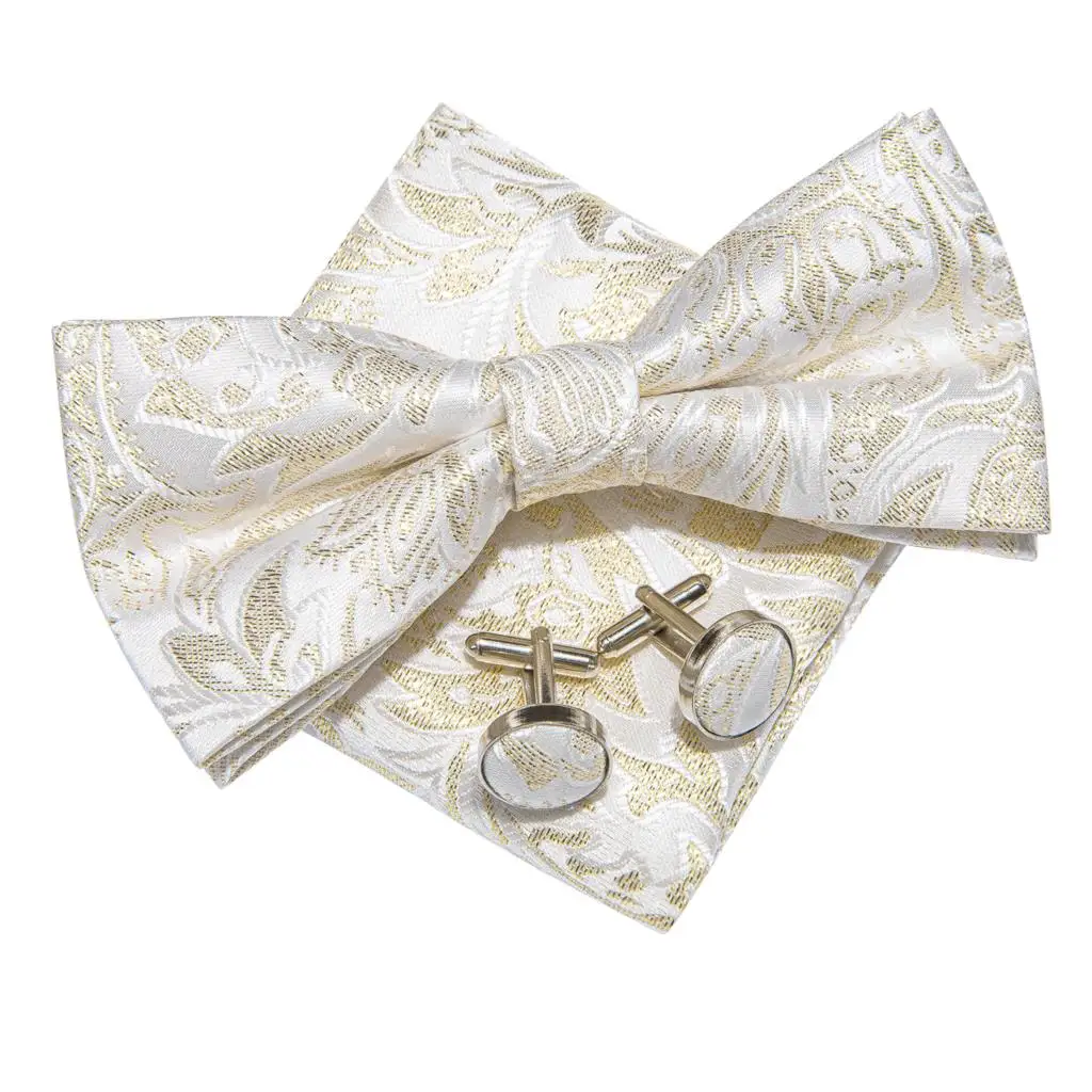 Hi-Tie Brand Silk Mens Bowtie Hanky Cufflinks Set Black Red Blue Gold Green White Pre-tied Butterfly Knot Bow Tie Wedding Work