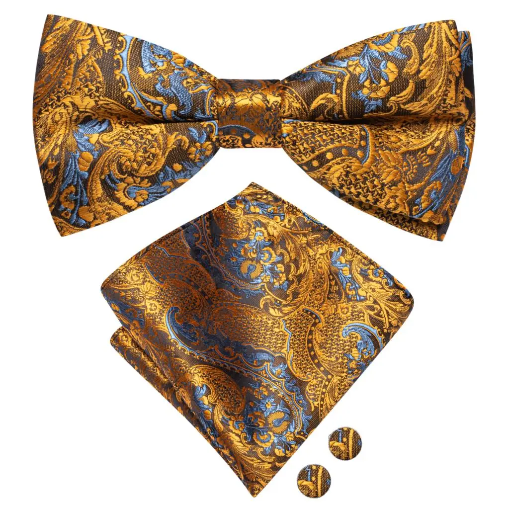 Hi-Tie Brand Silk Mens Bowtie Hanky Cufflinks Set Black Red Blue Gold Green White Pre-tied Butterfly Knot Bow Tie Wedding Work