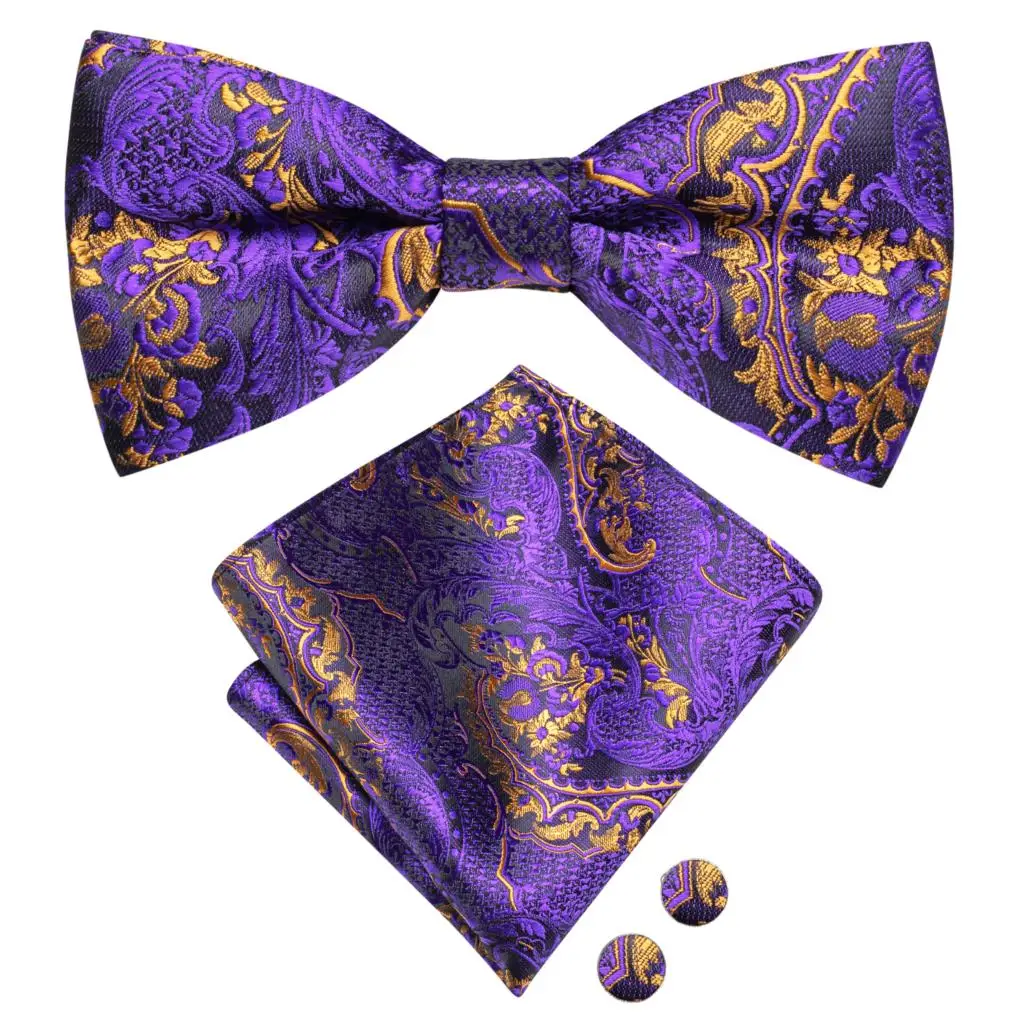 Hi-Tie Brand Silk Mens Bowtie Hanky Cufflinks Set Black Red Blue Gold Green White Pre-tied Butterfly Knot Bow Tie Wedding Work