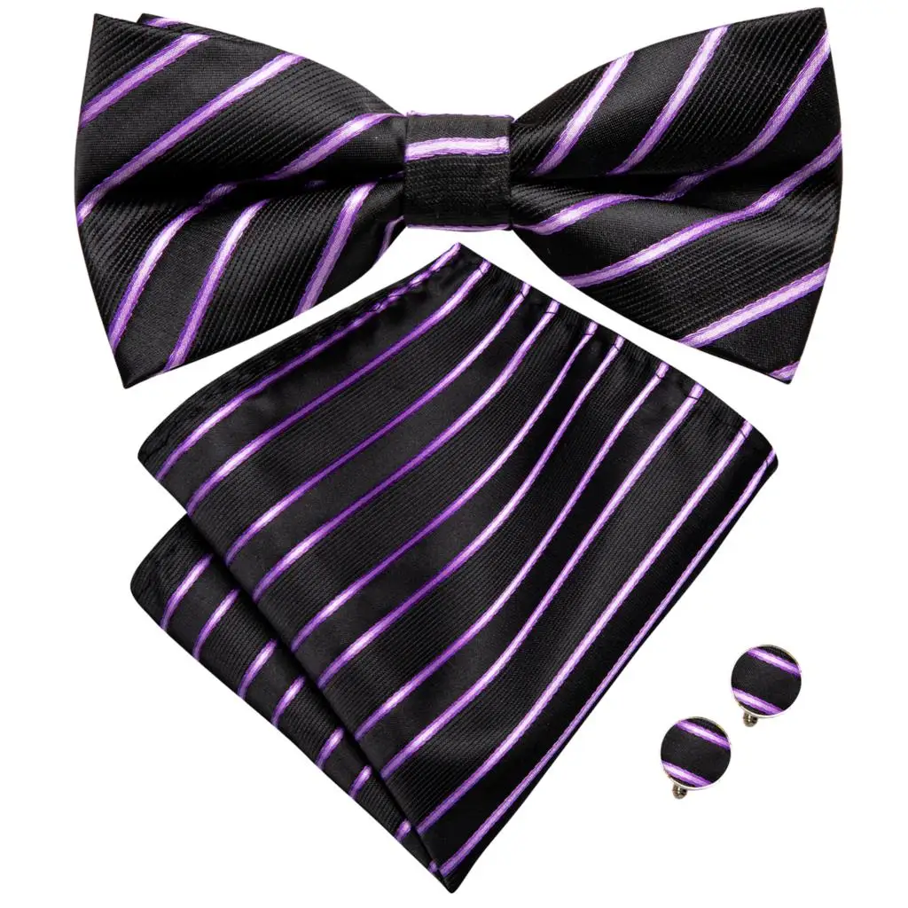 Hi-Tie Brand Silk Mens Bowtie Hanky Cufflinks Set Black Red Blue Gold Green White Pre-tied Butterfly Knot Bow Tie Wedding Work