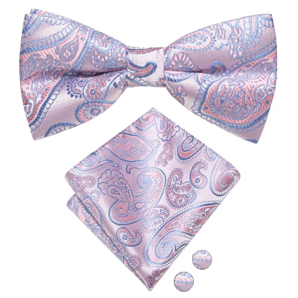 Hi-Tie Brand Silk Mens Bowtie Hanky Cufflinks Set Black Red Blue Gold Green White Pre-tied Butterfly Knot Bow Tie Wedding Work