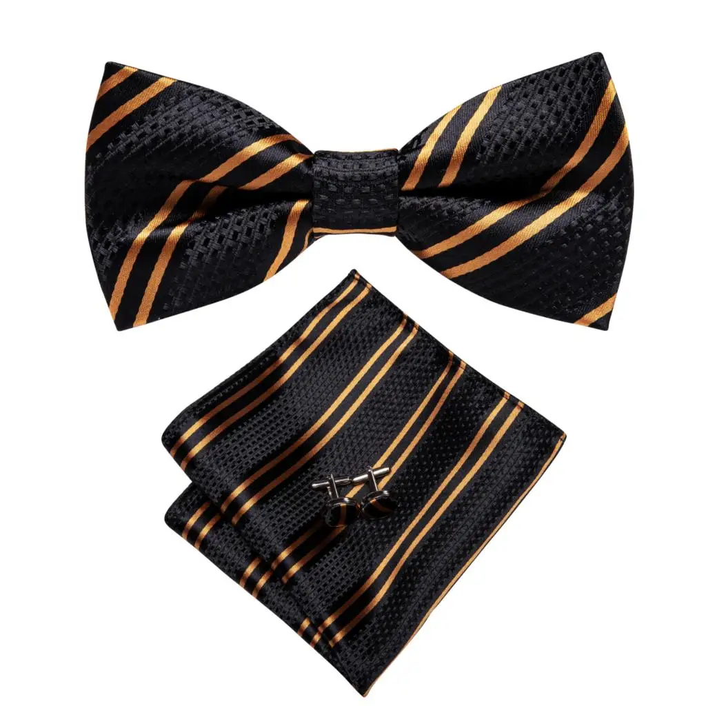 Hi-Tie Brand Silk Mens Bowtie Hanky Cufflinks Set Black Red Blue Gold Green White Pre-tied Butterfly Knot Bow Tie Wedding Work