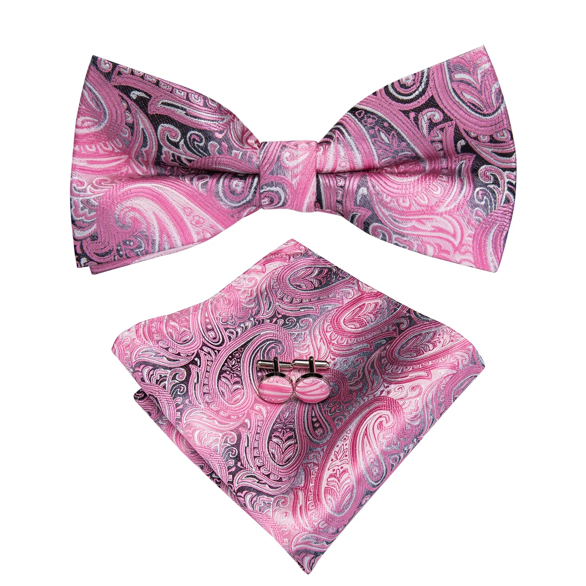 Hi-Tie Brand Silk Mens Bowtie Hanky Cufflinks Set Black Red Blue Gold Green White Pre-tied Butterfly Knot Bow Tie Wedding Work