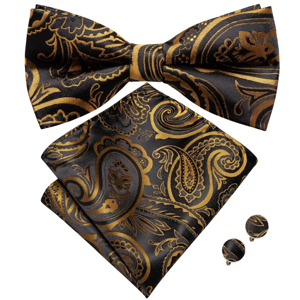 Hi-Tie Brand Silk Mens Bowtie Hanky Cufflinks Set Black Red Blue Gold Green White Pre-tied Butterfly Knot Bow Tie Wedding Work