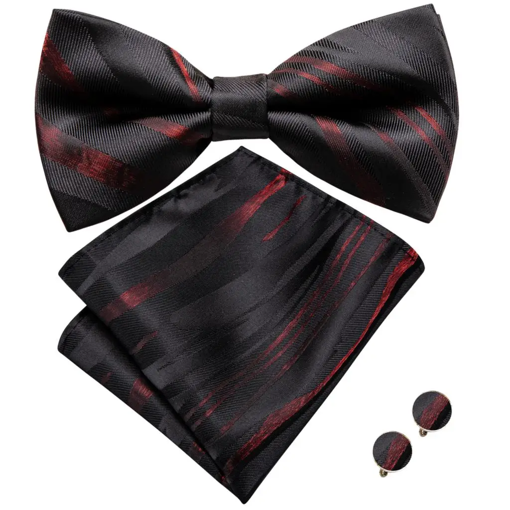 Hi-Tie Brand Silk Mens Bowtie Hanky Cufflinks Set Black Red Blue Gold Green White Pre-tied Butterfly Knot Bow Tie Wedding Work