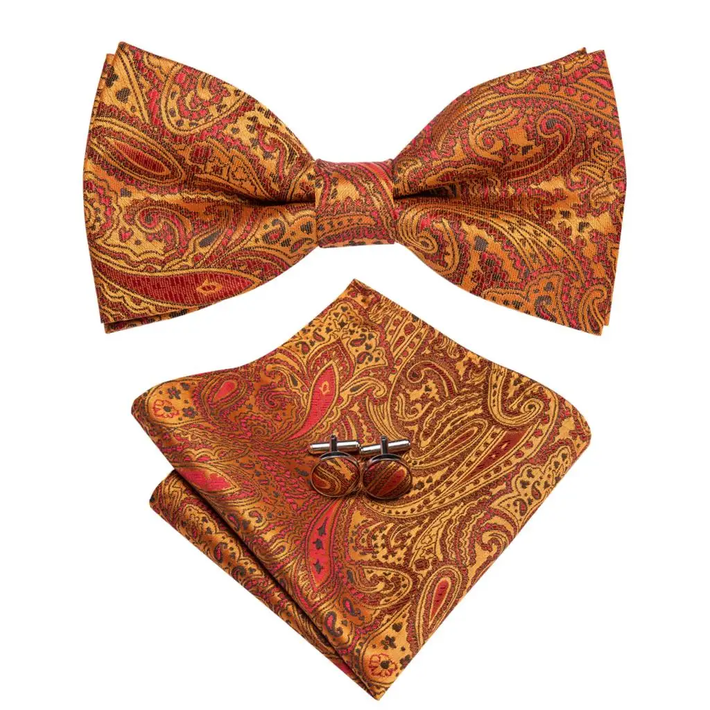 Hi-Tie Brand Silk Mens Bowtie Hanky Cufflinks Set Black Red Blue Gold Green White Pre-tied Butterfly Knot Bow Tie Wedding Work