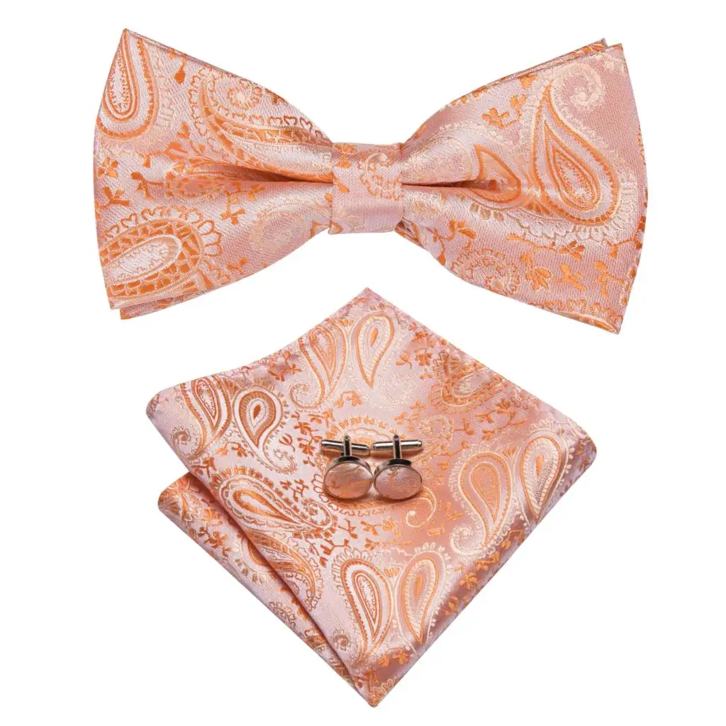 Hi-Tie Brand Silk Mens Bowtie Hanky Cufflinks Set Black Red Blue Gold Green White Pre-tied Butterfly Knot Bow Tie Wedding Work