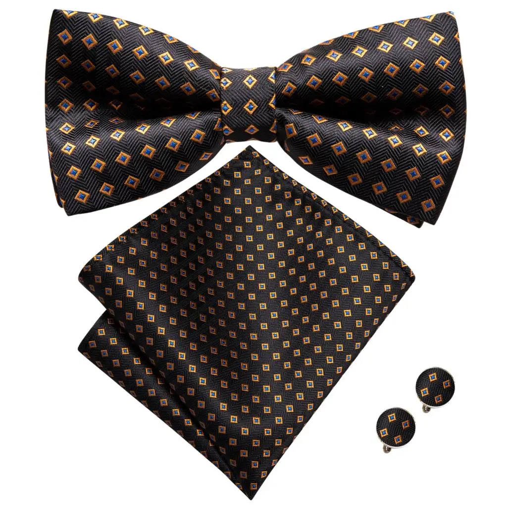 Hi-Tie Brand Silk Mens Bowtie Hanky Cufflinks Set Black Red Blue Gold Green White Pre-tied Butterfly Knot Bow Tie Wedding Work