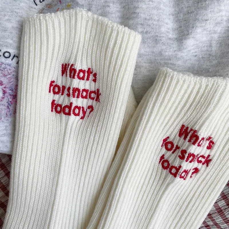 Funny Embroidery Letter Cotton Socks Korean Whats for Snack Today Japan Designer Socks Thread Couple Mid-tube Sock for Men Women