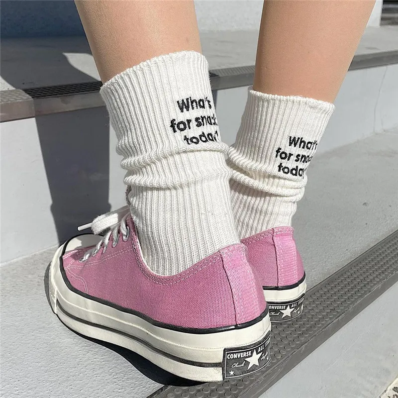Funny Embroidery Letter Cotton Socks Korean Whats for Snack Today Japan Designer Socks Thread Couple Mid-tube Sock for Men Women