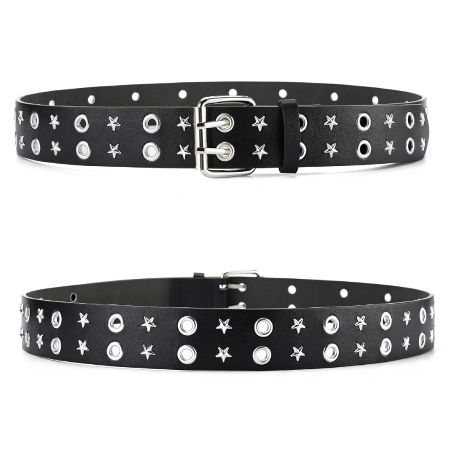 Pentagonal Star Rivet Women's Belt Double Row Needle Buckle Fashion Men's Belt Leather Belt Hip Hop Punk Rock Style Jeans Belt