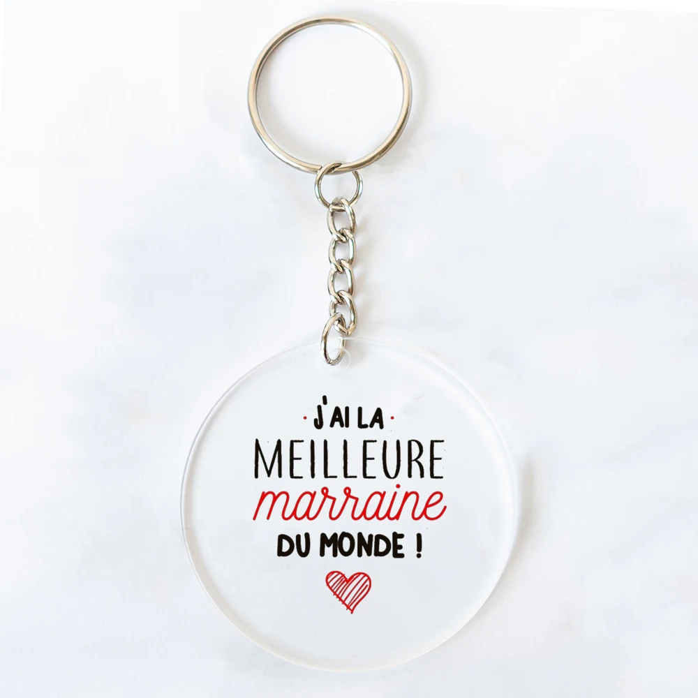 Best Godmother In World Print Keychain Circle Monogram Acrylic Keyring Fashion Key Chain Festive Birthday Gifts for Marraine