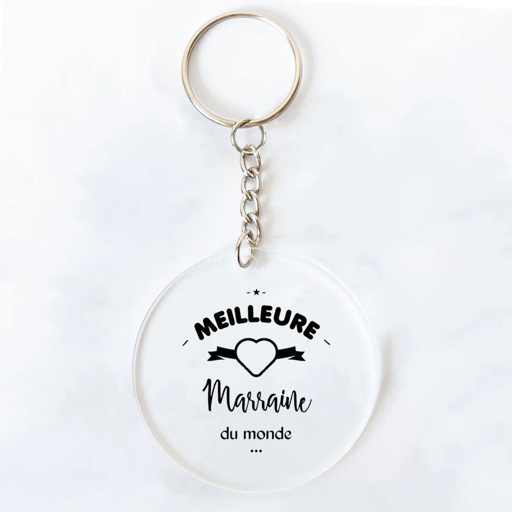 Best Godmother In World Print Keychain Circle Monogram Acrylic Keyring Fashion Key Chain Festive Birthday Gifts for Marraine