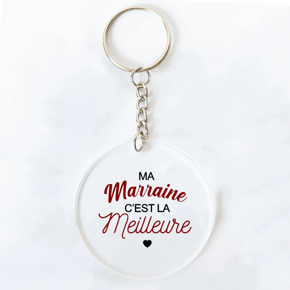 Best Godmother In World Print Keychain Circle Monogram Acrylic Keyring Fashion Key Chain Festive Birthday Gifts for Marraine