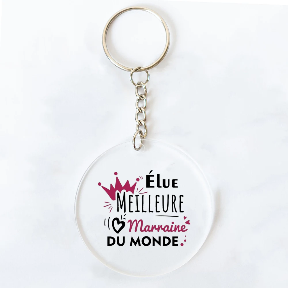 Best Godmother In World Print Keychain Circle Monogram Acrylic Keyring Fashion Key Chain Festive Birthday Gifts for Marraine