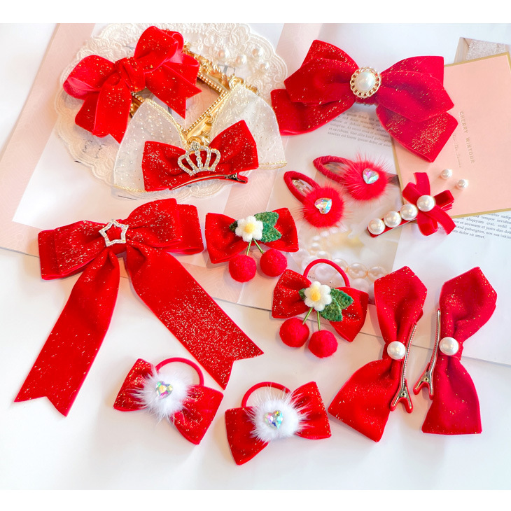 Red Golden Velvet Bow Hair Ornament Baby Hair Circles Pins Christmas New Year Korean Accessories Hair Clips for Women Girls 1pcs