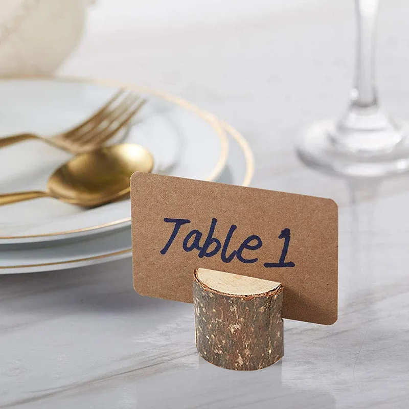 10pcs Natural Wooden Place Card Holders Stand Card Photo Clip Holder Rustic Wedding Decorations Party Table Number Name Sign