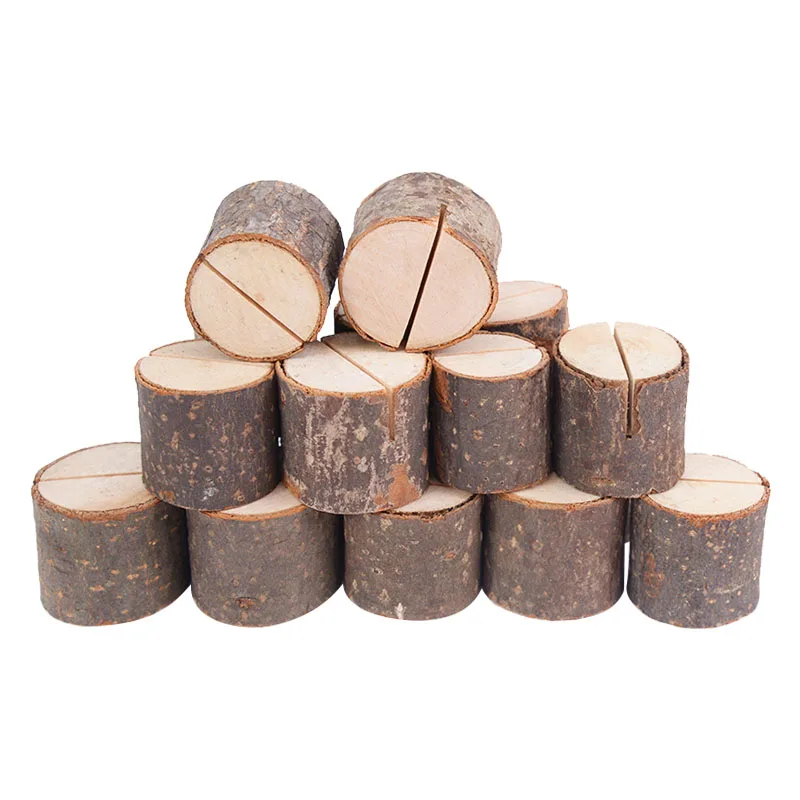 10pcs Natural Wooden Place Card Holders Stand Card Photo Clip Holder Rustic Wedding Decorations Party Table Number Name Sign