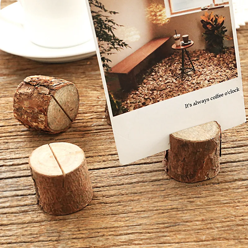10pcs Natural Wooden Place Card Holders Stand Card Photo Clip Holder Rustic Wedding Decorations Party Table Number Name Sign