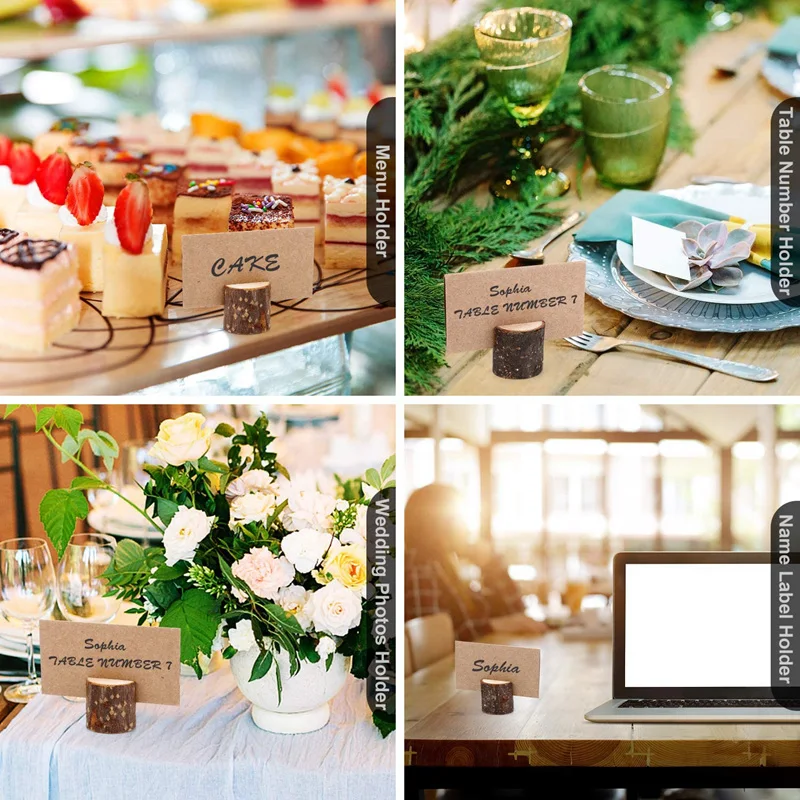10pcs Natural Wooden Place Card Holders Stand Card Photo Clip Holder Rustic Wedding Decorations Party Table Number Name Sign