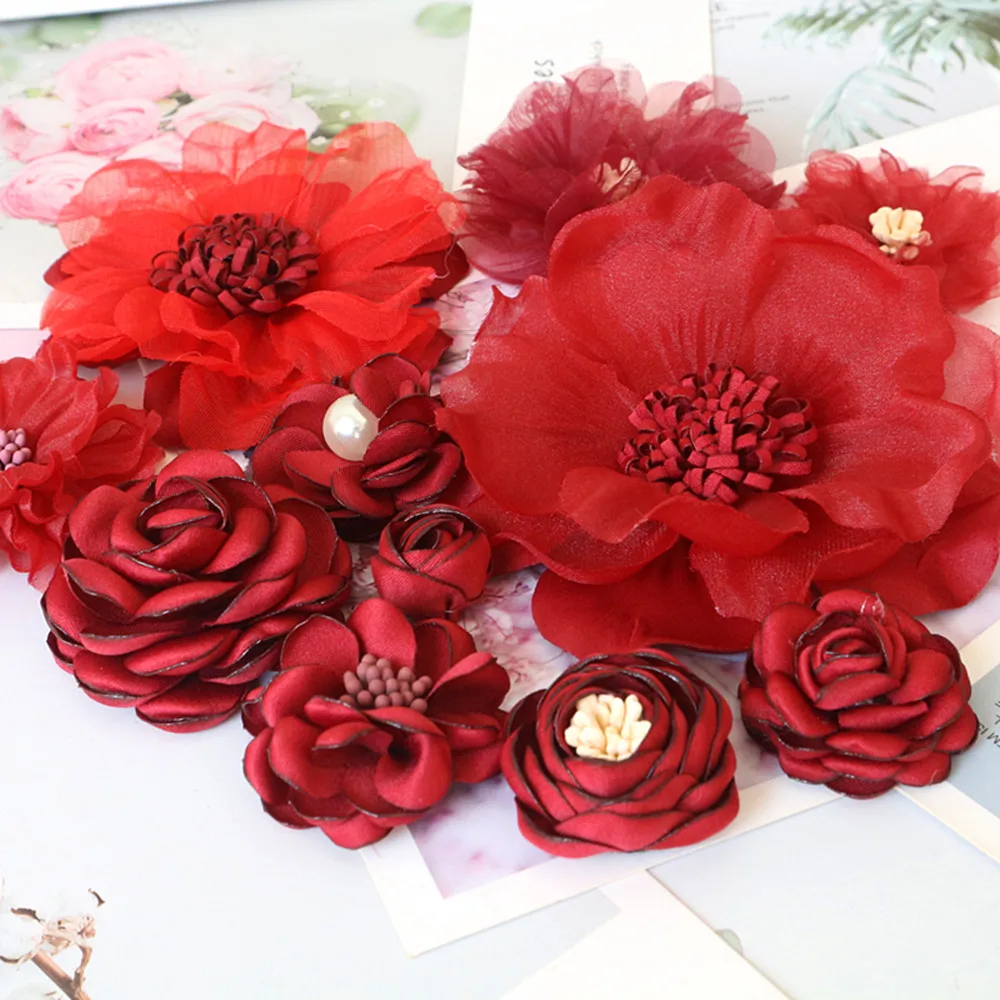 10PCS/Lot Red Series Rose Camellia Chiffon Fabric Flower For Wedding Invitation Artificial Flowers For Dress Decoration