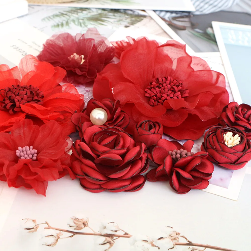 10PCS/Lot Red Series Rose Camellia Chiffon Fabric Flower For Wedding Invitation Artificial Flowers For Dress Decoration