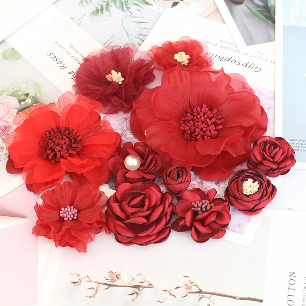 10PCS/Lot Red Series Rose Camellia Chiffon Fabric Flower For Wedding Invitation Artificial Flowers For Dress Decoration