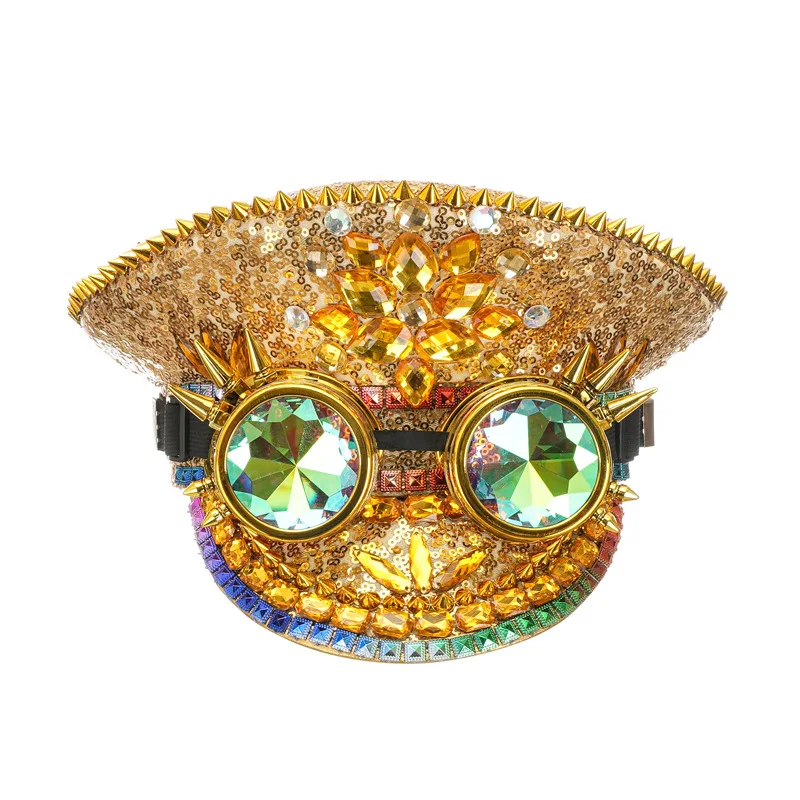Corzzet Luxury Silver Sequined & Diamonds Club Party Rave Rock Cosplay Accessories Steampunk Military Hat Masquerade Costumes