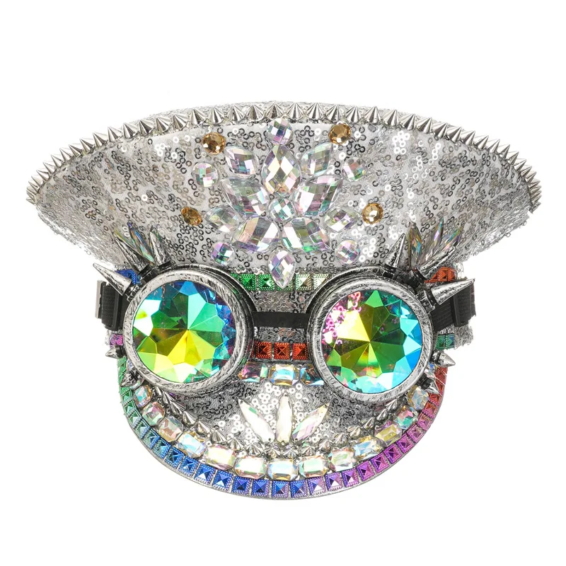Corzzet Luxury Silver Sequined & Diamonds Club Party Rave Rock Cosplay Accessories Steampunk Military Hat Masquerade Costumes