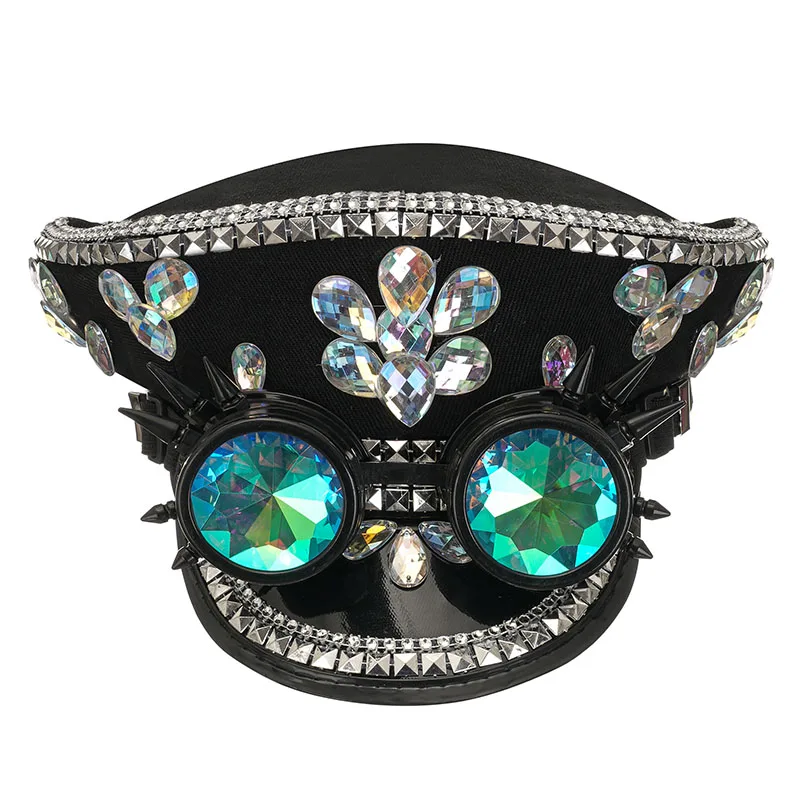 Corzzet Luxury Silver Sequined & Diamonds Club Party Rave Rock Cosplay Accessories Steampunk Military Hat Masquerade Costumes