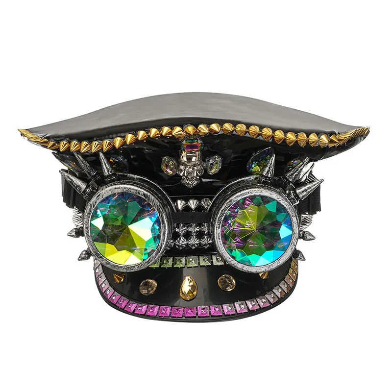Corzzet Luxury Silver Sequined & Diamonds Club Party Rave Rock Cosplay Accessories Steampunk Military Hat Masquerade Costumes