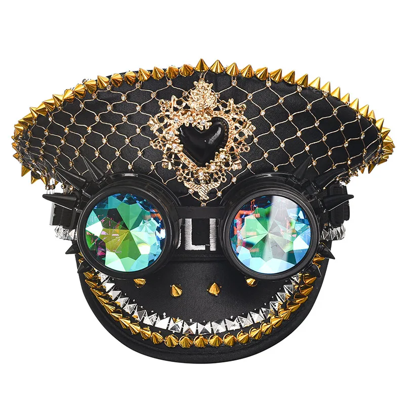 Corzzet Luxury Silver Sequined & Diamonds Club Party Rave Rock Cosplay Accessories Steampunk Military Hat Masquerade Costumes