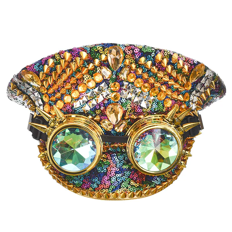 Corzzet Luxury Silver Sequined & Diamonds Club Party Rave Rock Cosplay Accessories Steampunk Military Hat Masquerade Costumes