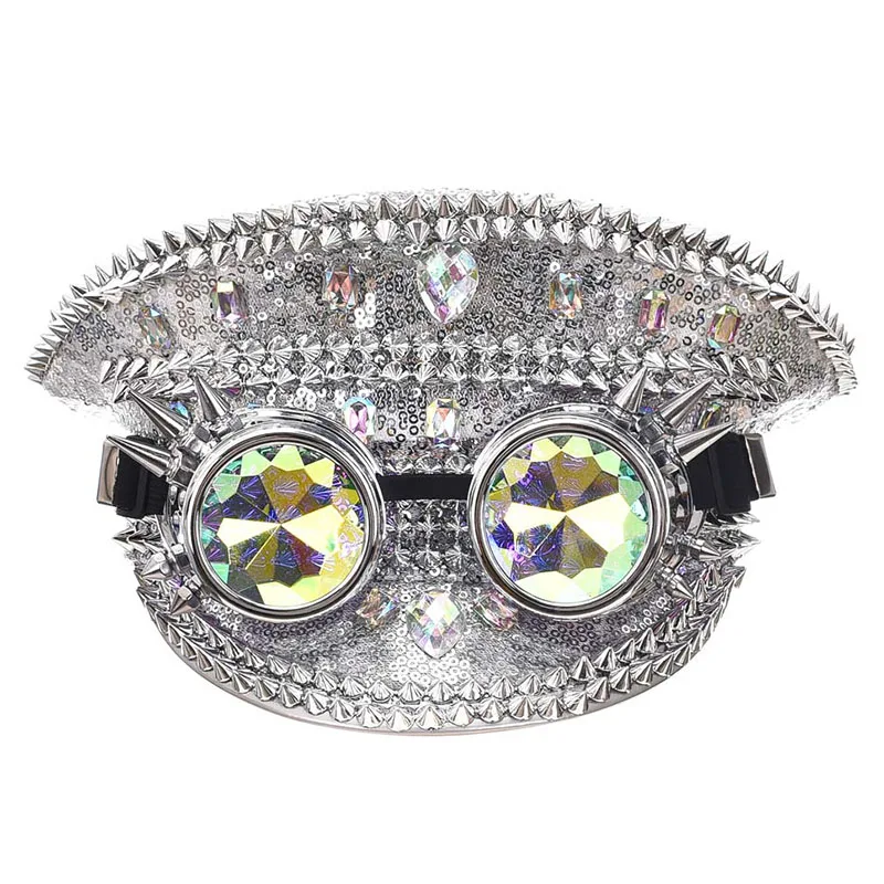 Corzzet Luxury Silver Sequined & Diamonds Club Party Rave Rock Cosplay Accessories Steampunk Military Hat Masquerade Costumes
