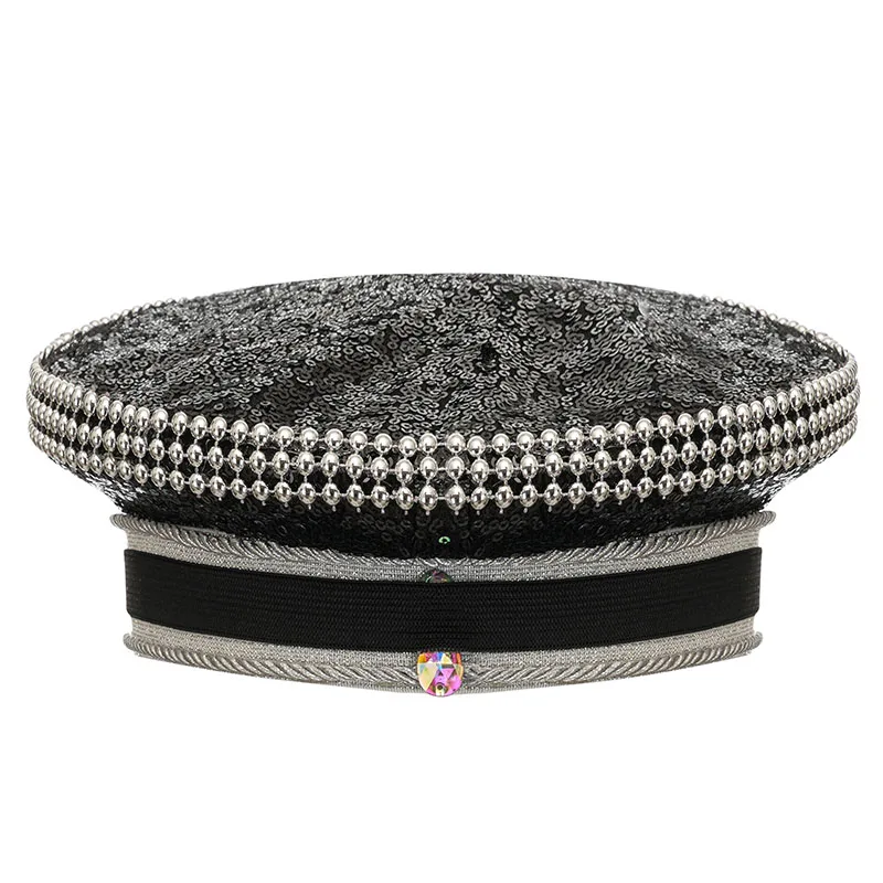 Corzzet Luxury Silver Sequined & Diamonds Club Party Rave Rock Cosplay Accessories Steampunk Military Hat Masquerade Costumes