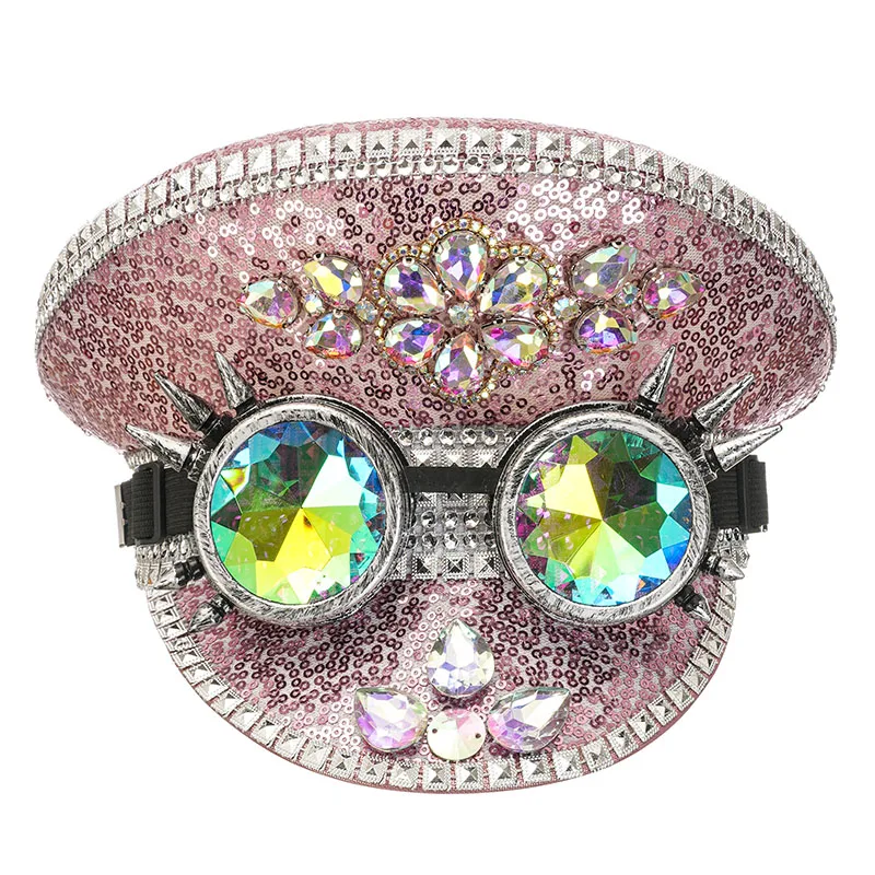 Corzzet Luxury Silver Sequined & Diamonds Club Party Rave Rock Cosplay Accessories Steampunk Military Hat Masquerade Costumes