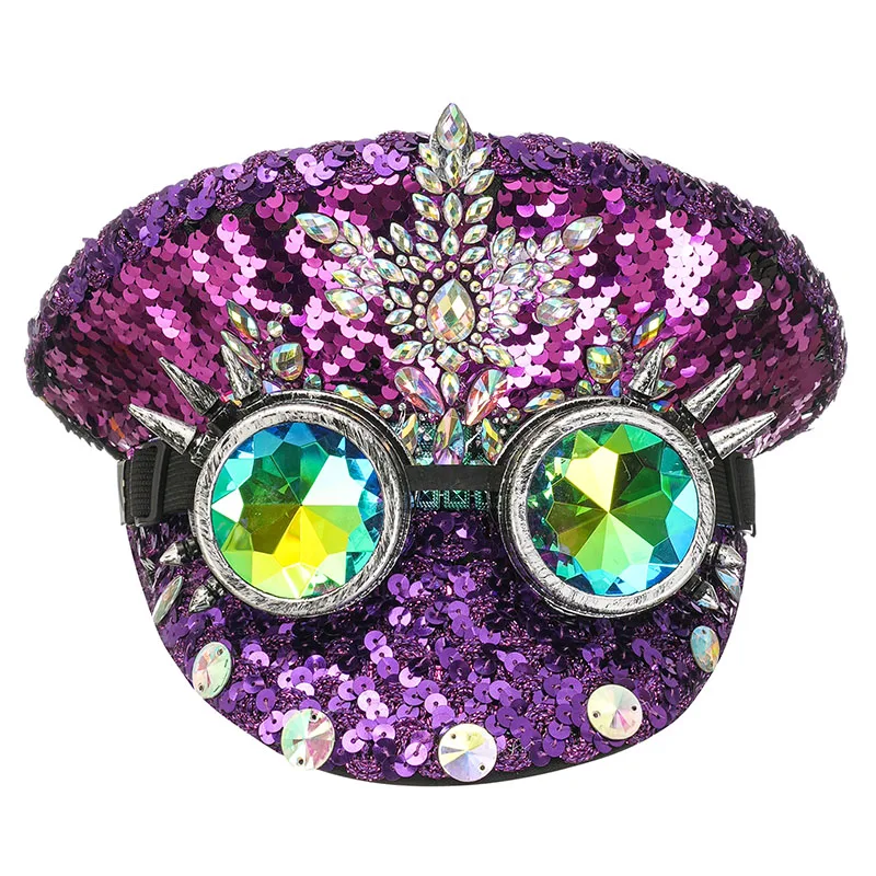 Corzzet Luxury Silver Sequined & Diamonds Club Party Rave Rock Cosplay Accessories Steampunk Military Hat Masquerade Costumes
