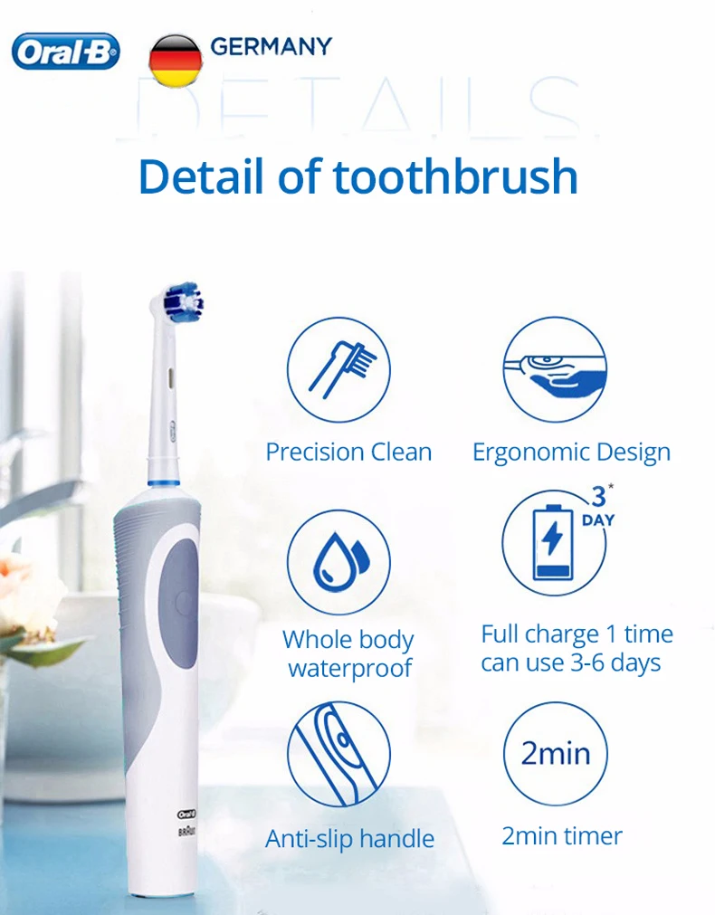 Oral B D12 Vitality Electric Toothbrush Rechargeable Sonic Tooth Brush Soft Bristle Inductive Charging Remove Plaque for Adult