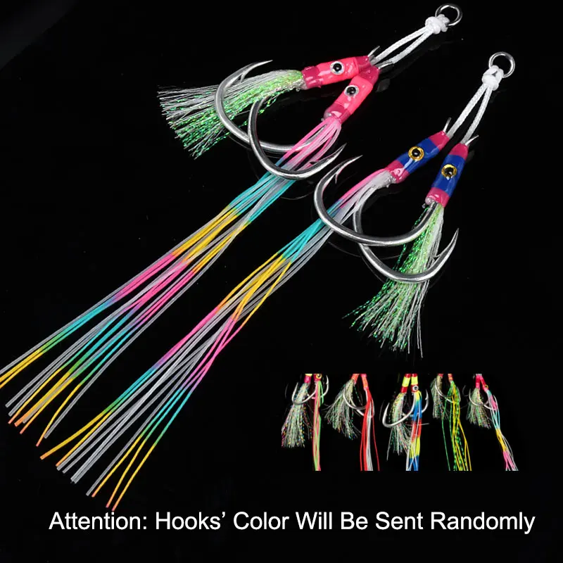 TEASER 5pairs Double Eyes Jig Hook Slow Jigging Hook Colorful Feathers Hook Fishing Jighook Assis Hooks Saltwater Pike Fishhooks