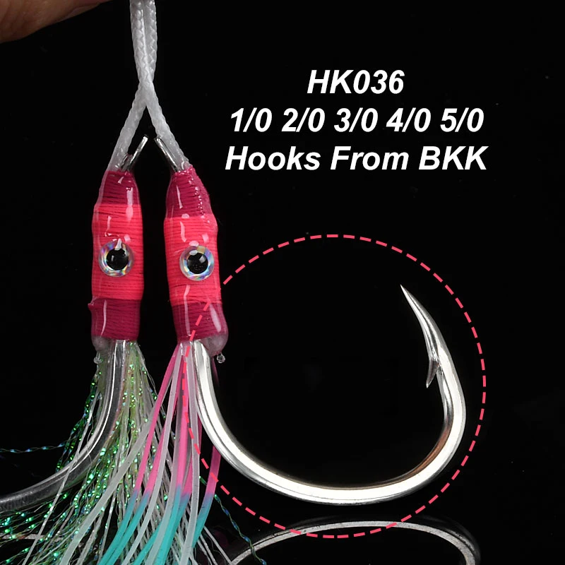 TEASER 5pairs Double Eyes Jig Hook Slow Jigging Hook Colorful Feathers Hook Fishing Jighook Assis Hooks Saltwater Pike Fishhooks