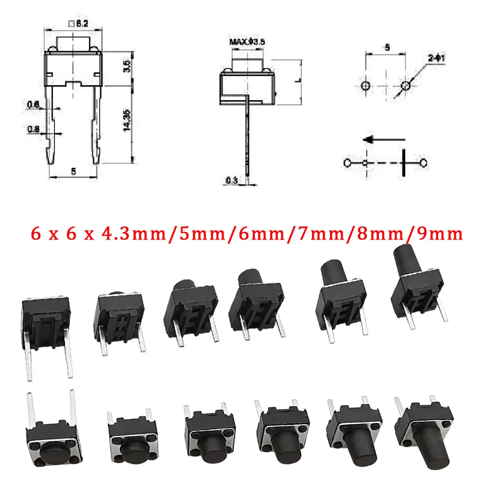 20/50Pcs Black 6 x 6mm Micro Tactile Switch Momentary Tact Switch 6*6*4.3mm/5mm/6mm/7mm/8mm/9mm Middle 2Pin Push Button Switches