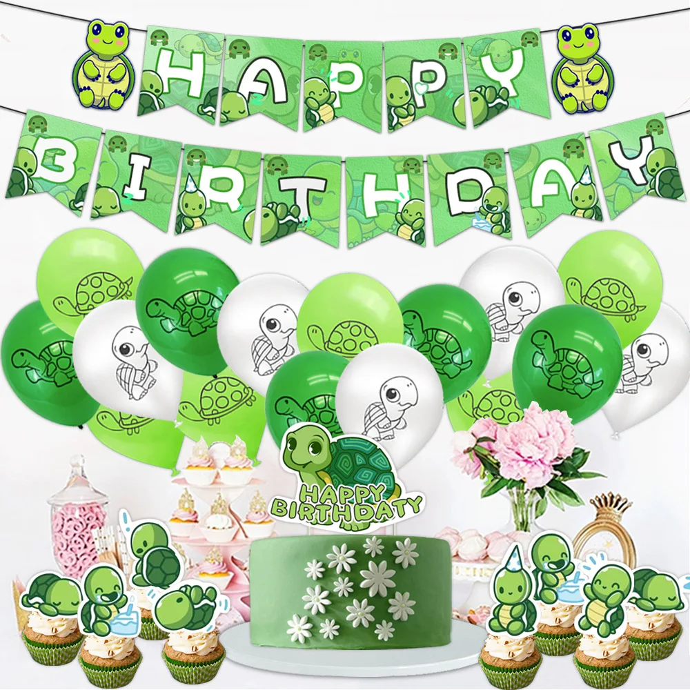 Cartoon Turtle Birthday Decoration Lovely Turtle Balloons Banners Cake Decor Kids Boys Girls Happy Turtle Birthday Party Decors